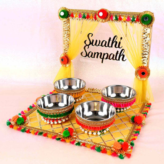 Combo Personalized Haldi Ceremony Tray, Earring and Cake Topper Bundle