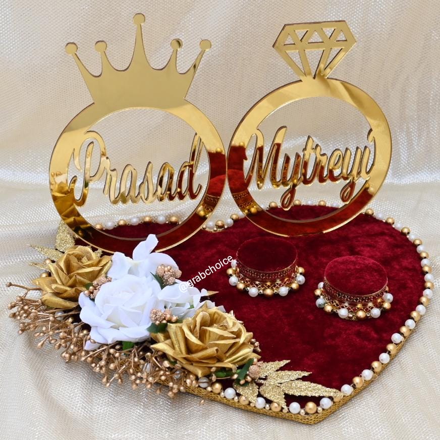 Personalized Engagement Ring Platter with Bride And Groom Names - Heart Shape Pearl