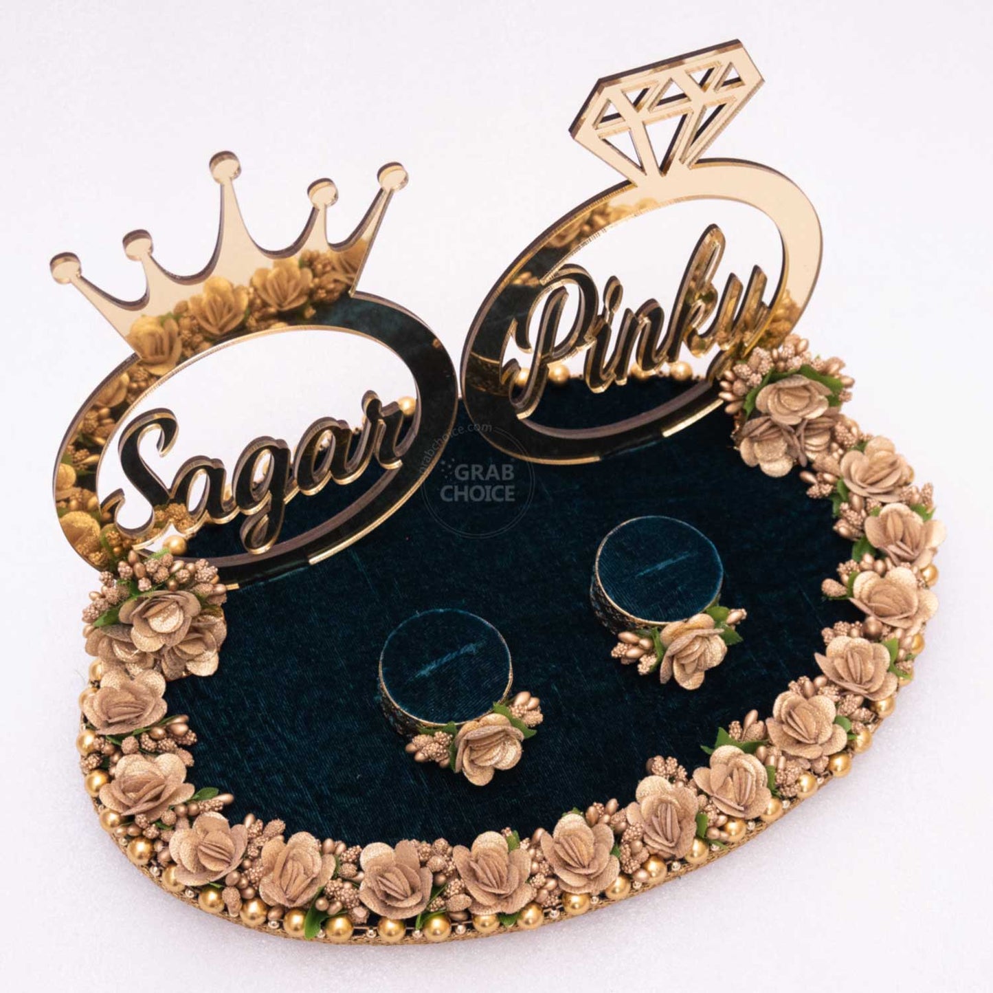 Personalized Engagement Ring Platter / Tray With Names - Peacock Green